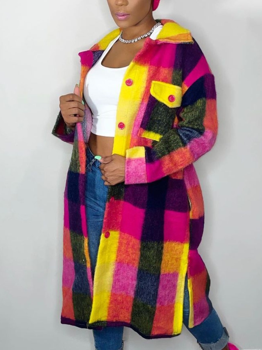 

LW Plaid Print Slit Loose Wool Overcoat, Multi