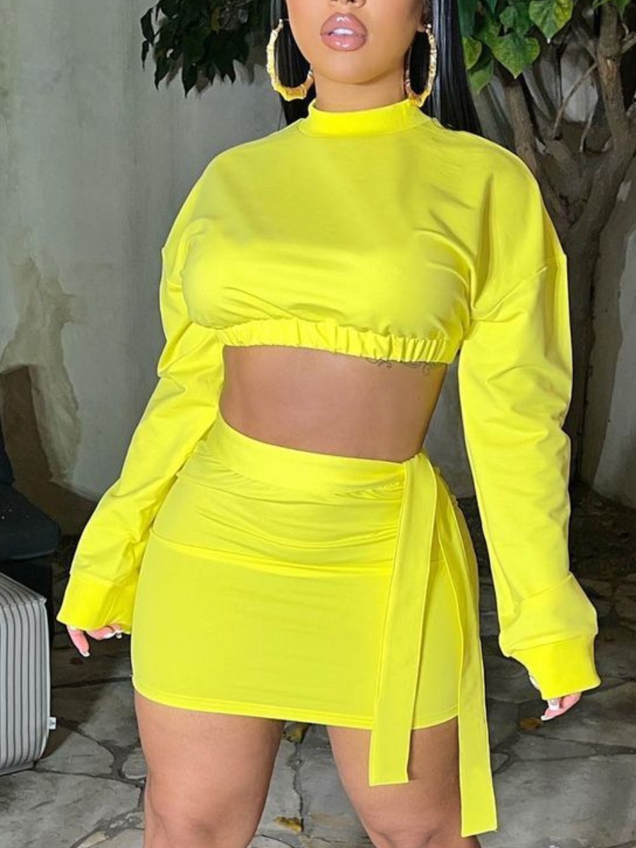 

LW Round Neck Side Tie Crop Top Skirt Set, Yellow