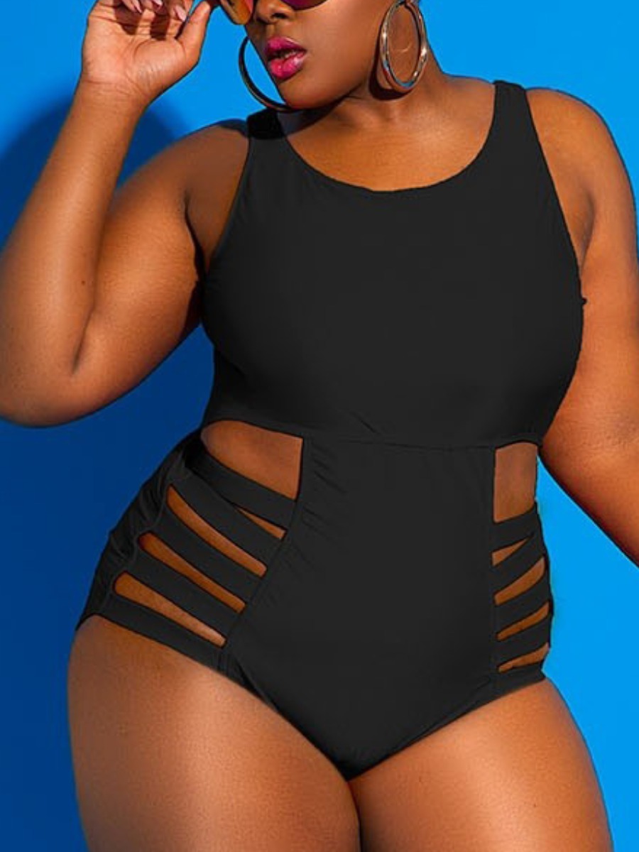 

LW Plus Size Round Neck Cut Out One-piece Swimsuit, Black
