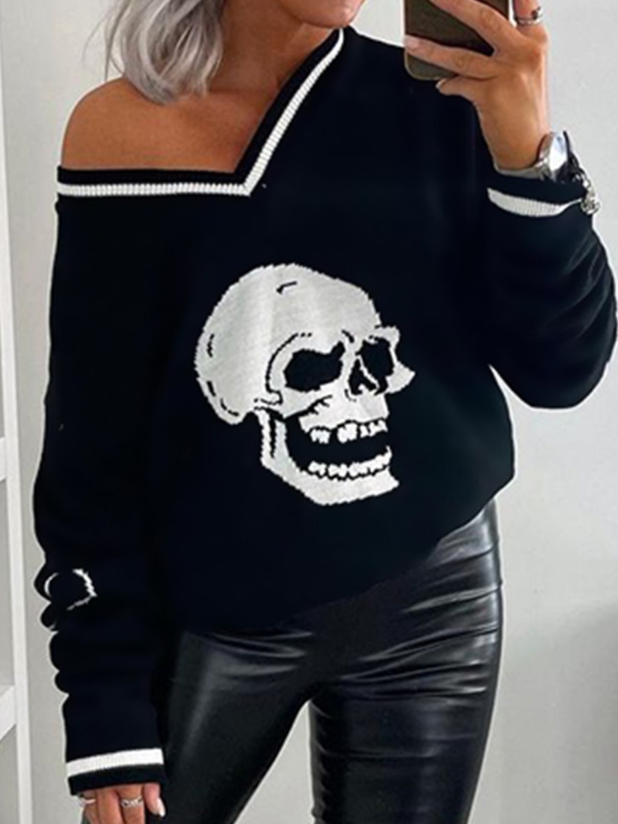 

LW Skull Head Print Striped Sweatshirt, Black