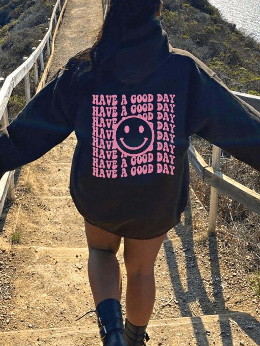 

LW Smiley Letter Print Oversized Hoodie, Black