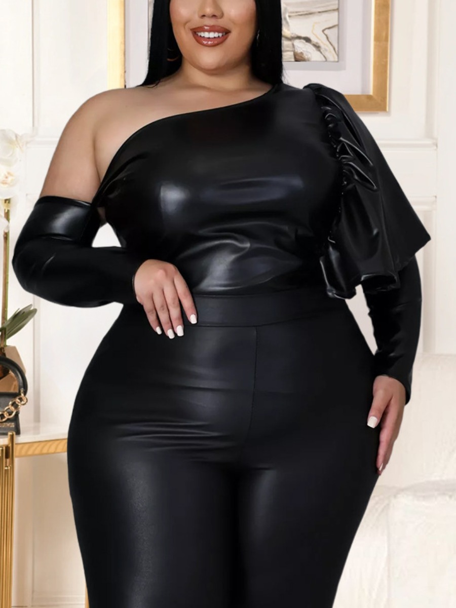 

LW Plus Size Leather Flounce Design Blouse, Black