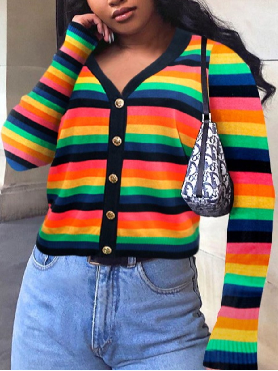 

LW V Neck Rainbow Stripe Cardigan, Multicolor mstn