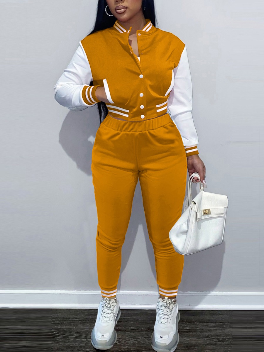 

LW Striped Button Design Tracksuit Set, Orange