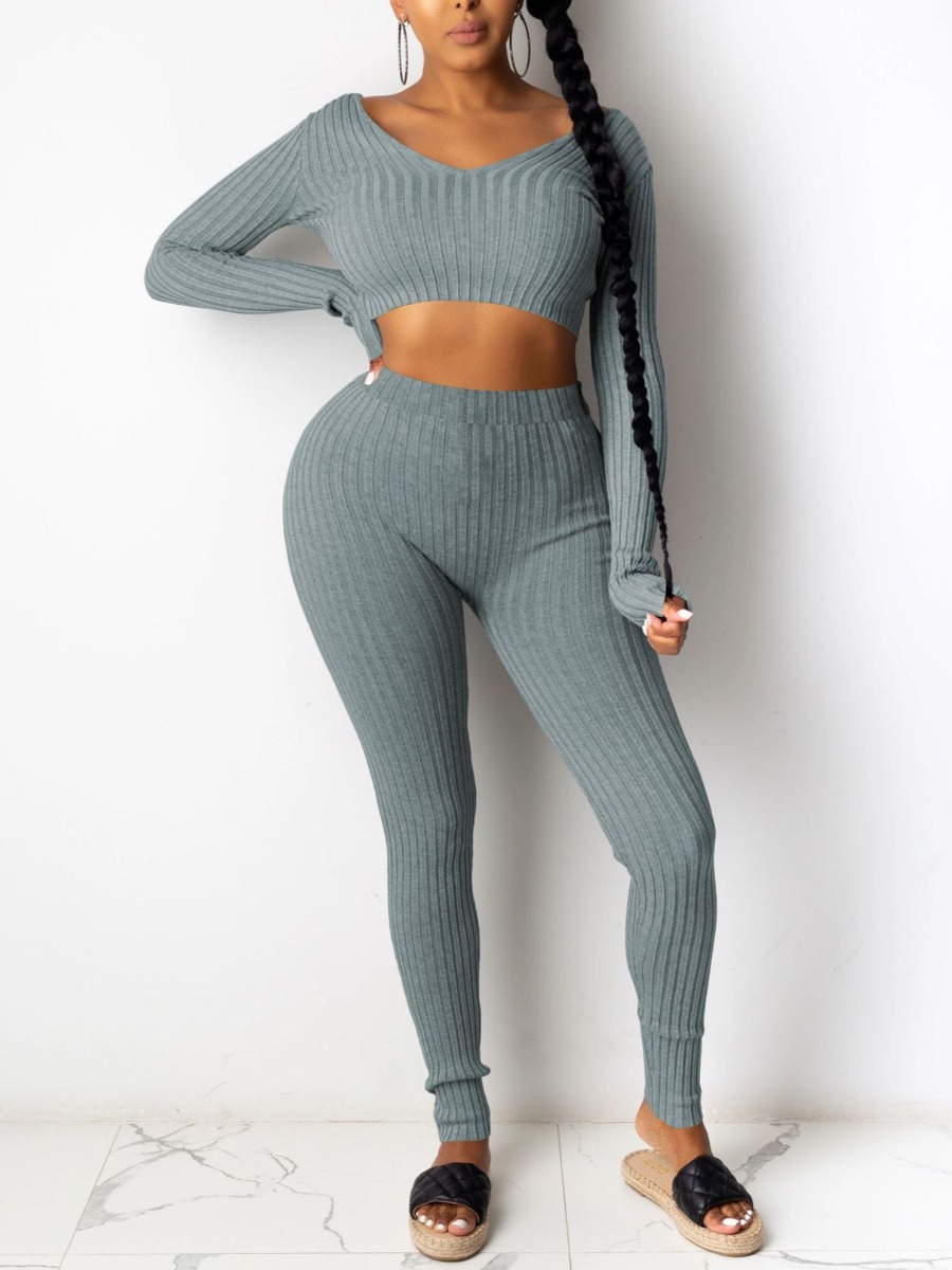 

LW BASICS V Neck Rib-Knit Crop Top Pants Set, Grey