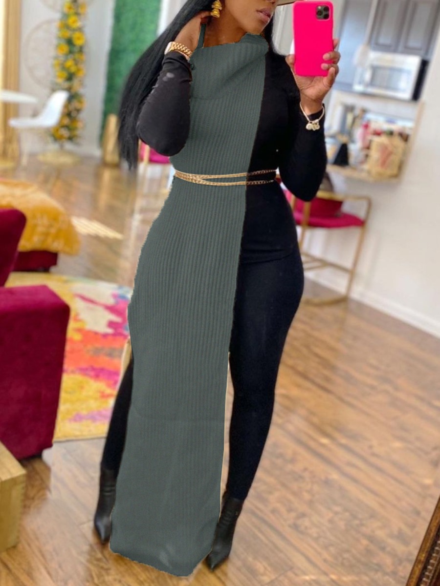 

LW SXY Rib-Knit High Split Dress (Without Waistchain), Grey