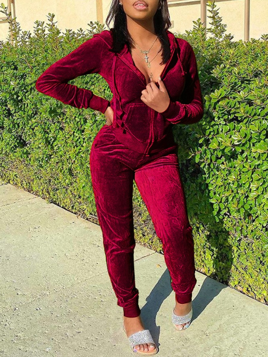 

LW Velvet Hooded Collar Tracksuit Set, Wine red