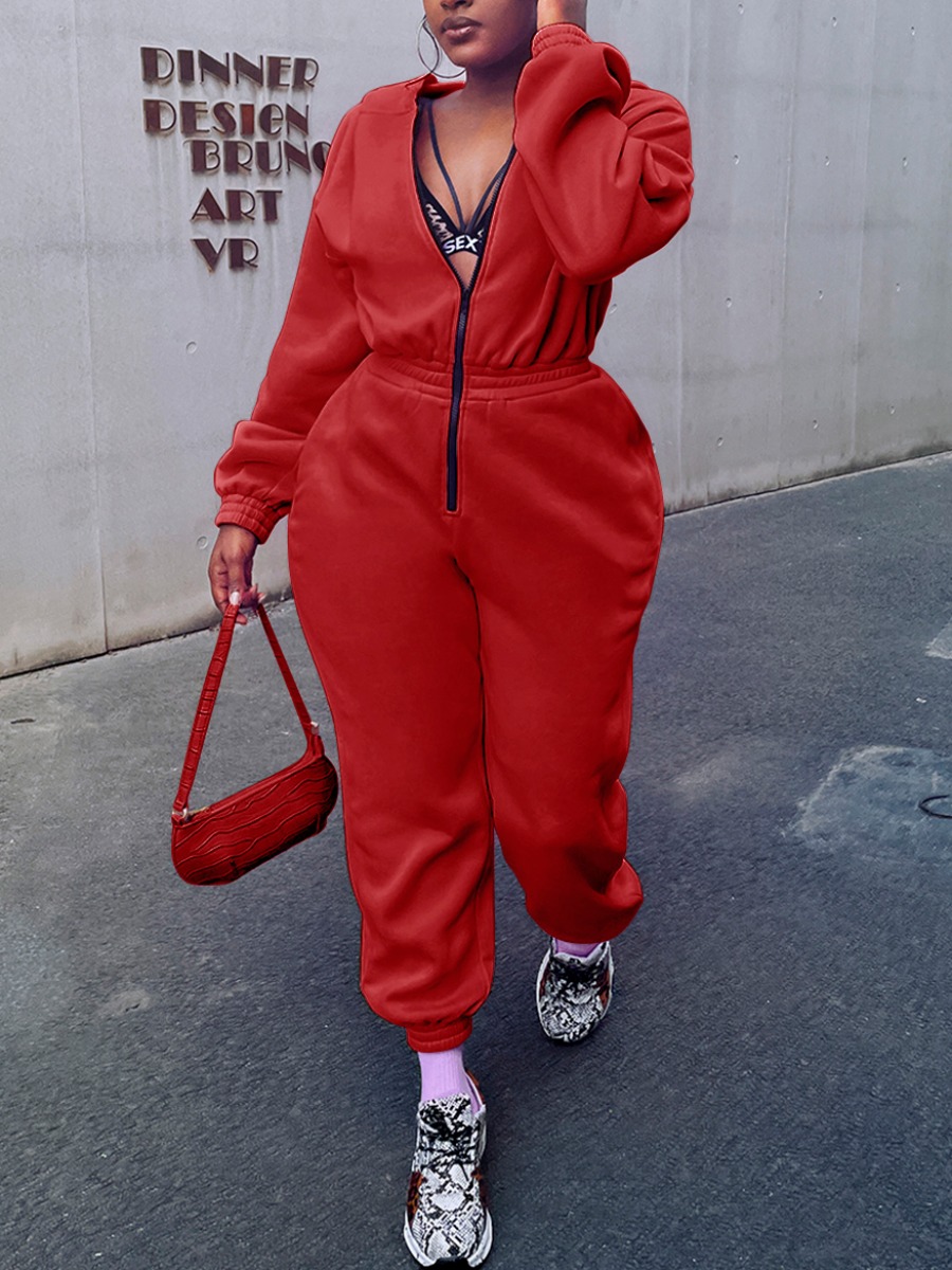 

LW Zipper Design Loose Jumpsuit, Red