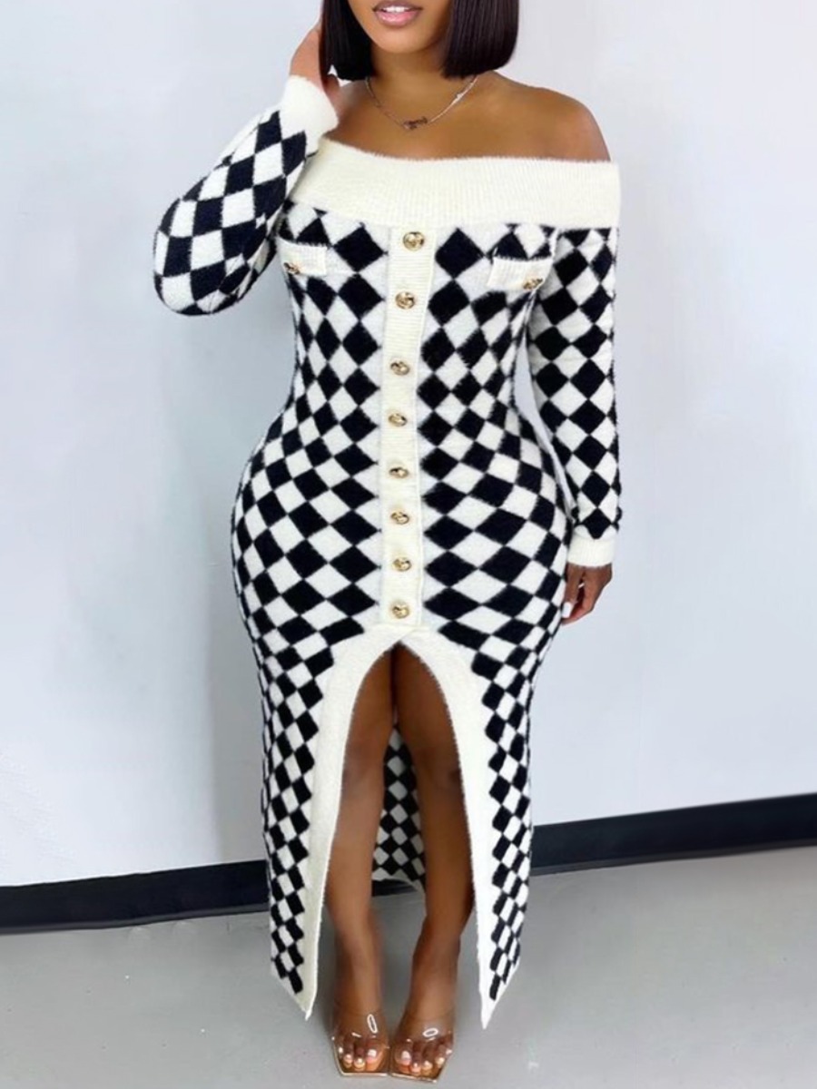 

LW SXY Plus Size Geometric Print Front Slit Sweater Dress, White