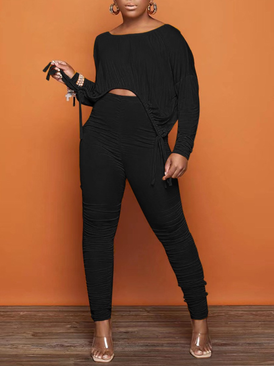 

LW Drawstring Ruched Pants Set, Black