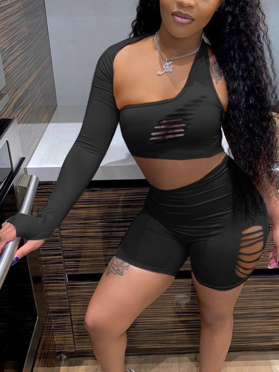 

LW Ripped Asymmetrical Shorts Set, Black