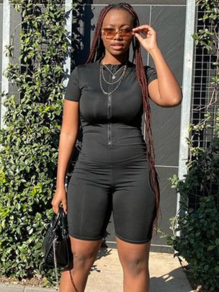LW Sportswear Zipper Design Black One-piece Romper