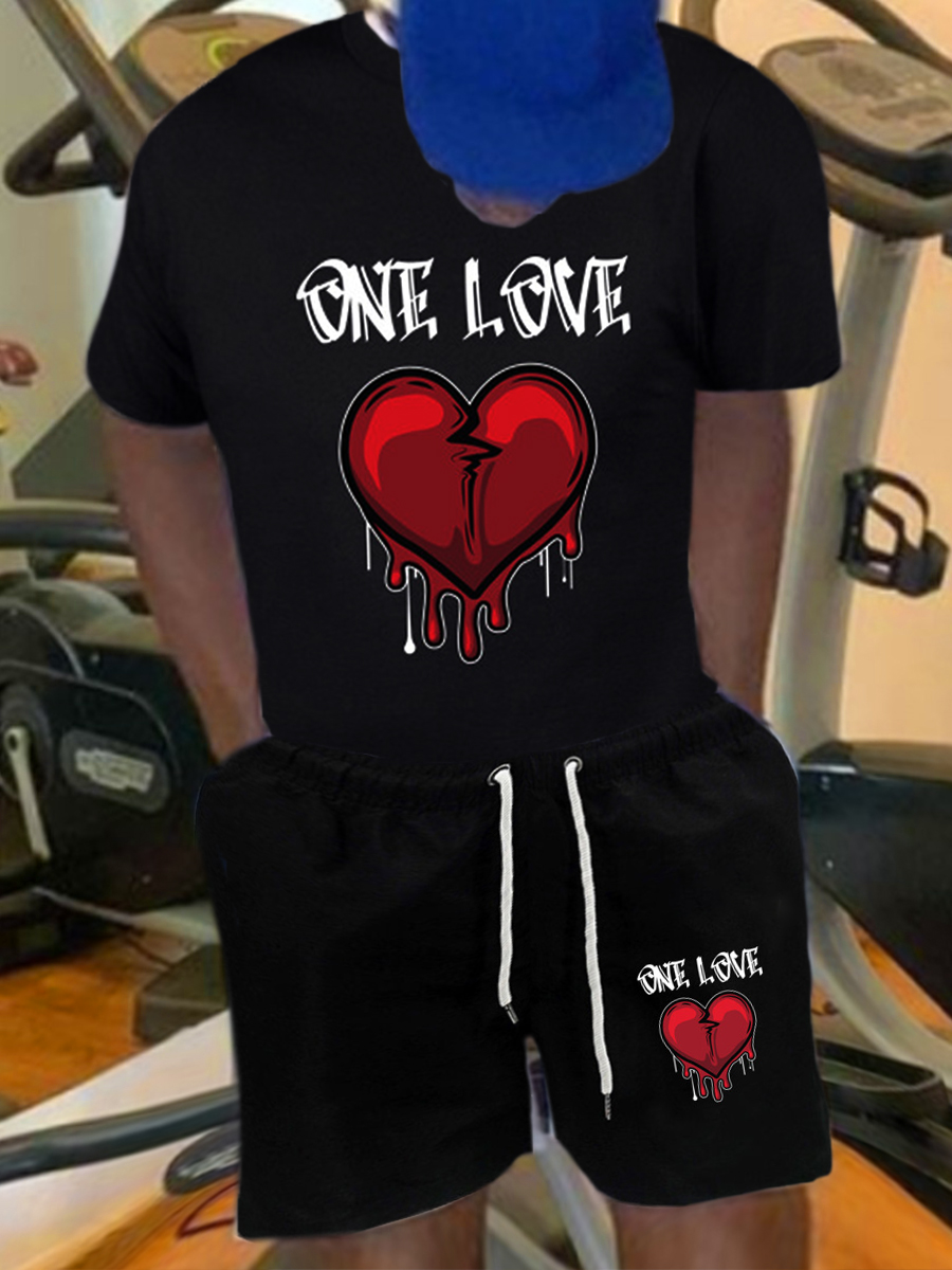 

LW Men Heart Letter Print Shorts Set, Black