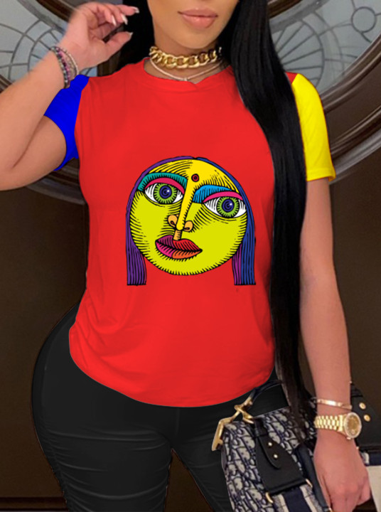 

LW Cartoon Print Patchwork T-shirt, Red