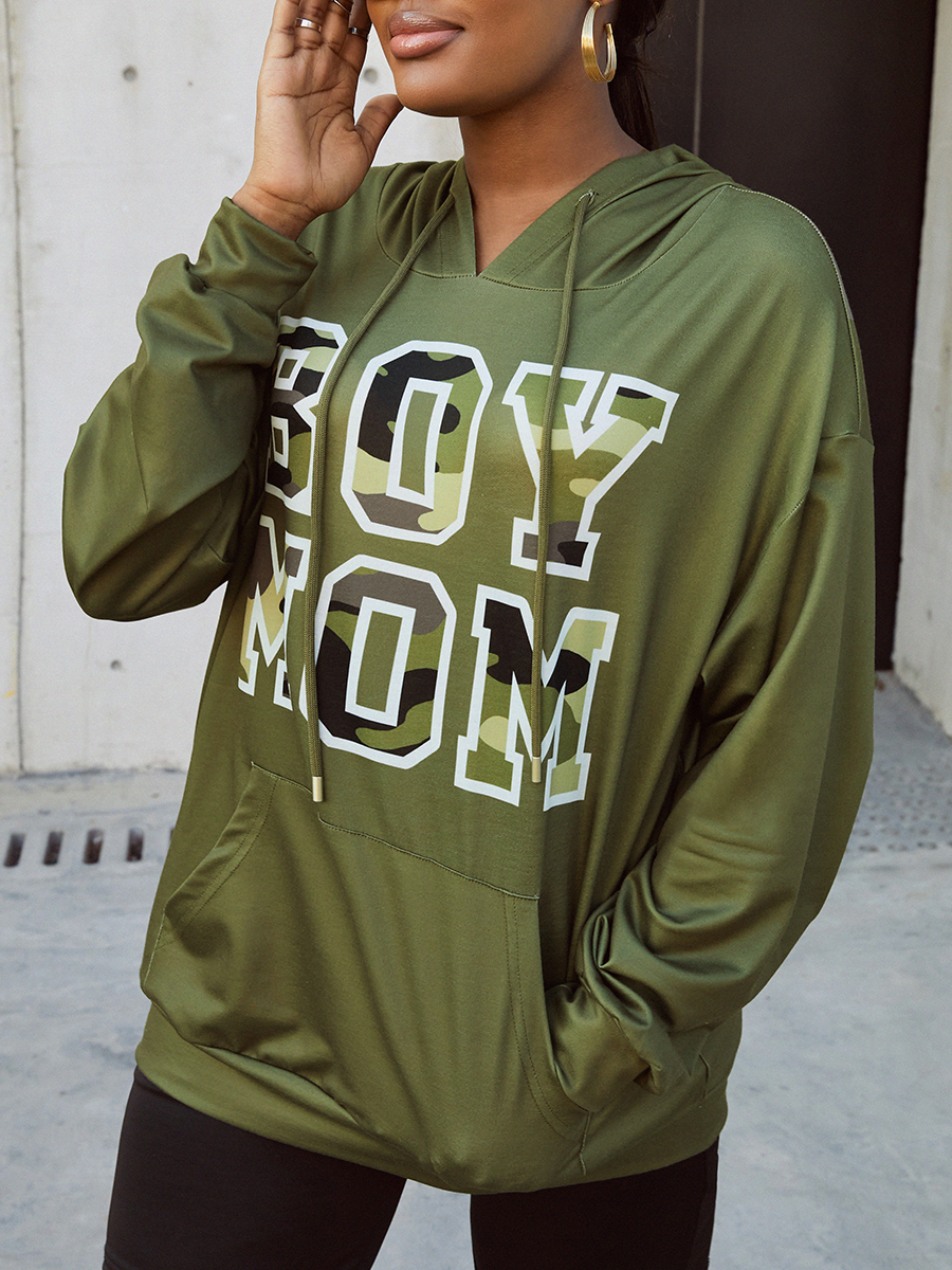 LW Camo Letter Print Kangaroo Pocket Drawstring Hoodie