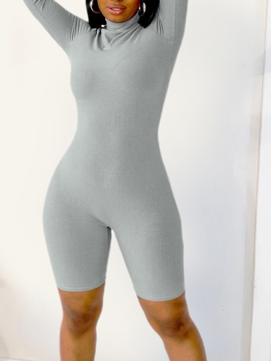 

LW Mock Neck Rib-Knit Romper, Grey