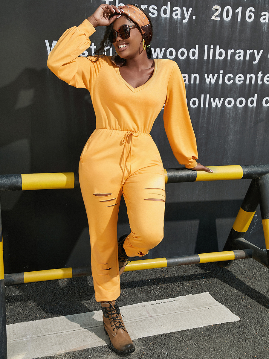 LW Deep V Neck Drawstring Ripped Jumpsuit