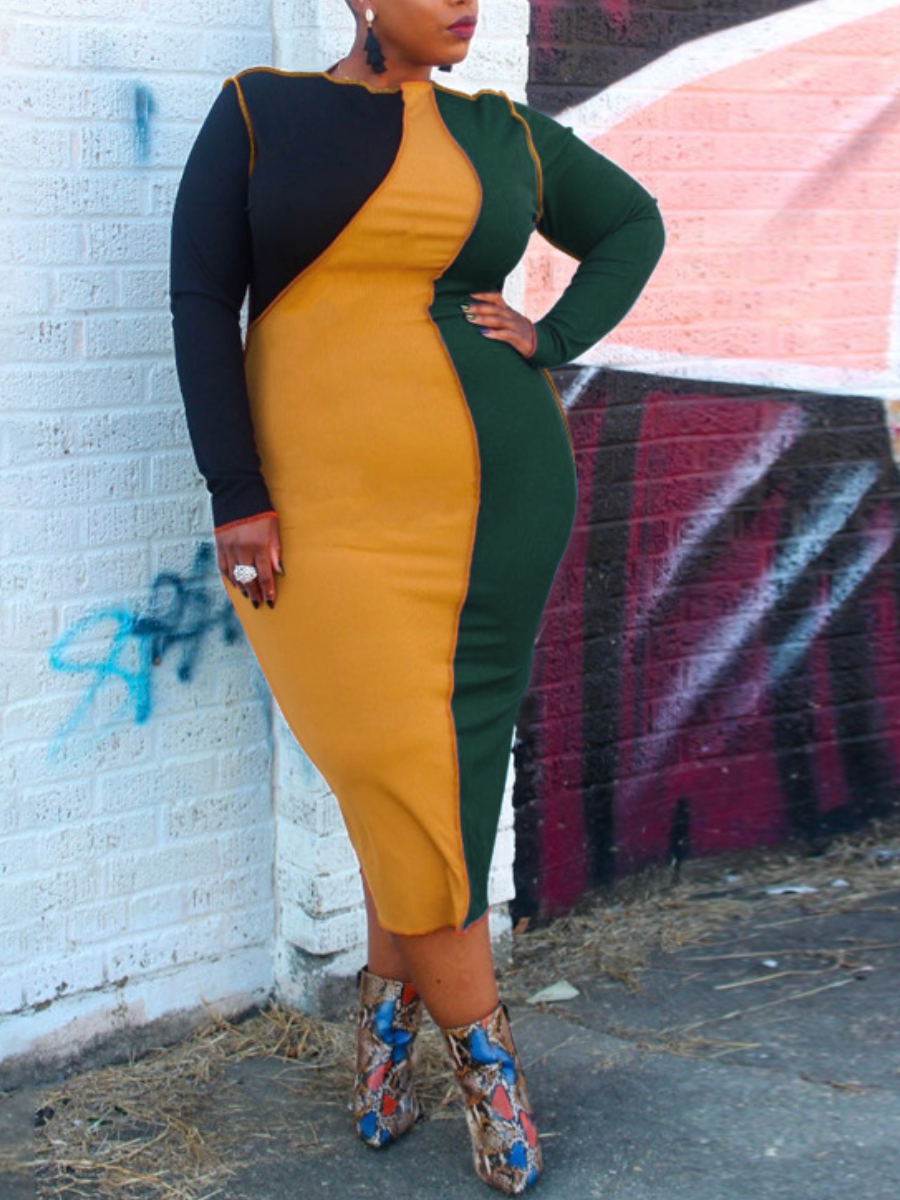 

LW Plus Size Patchwork Bodycon Dress (Without Belt), Green