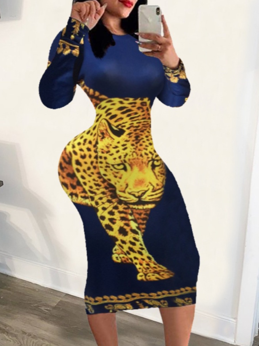 

LW Round Neck Leopard Print Bodycon Dress, Blue