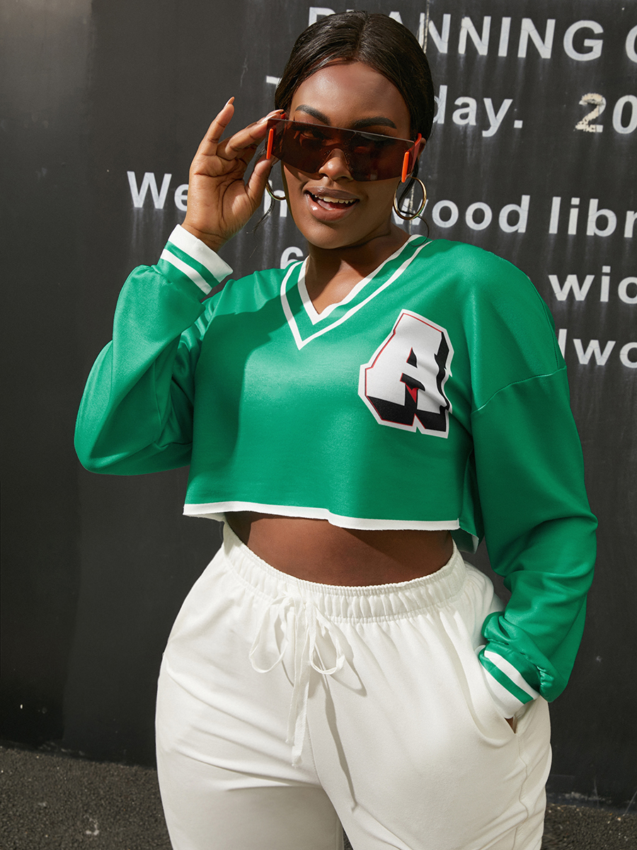 

LW Letter Print Patchwork Sweatshirt, Green
