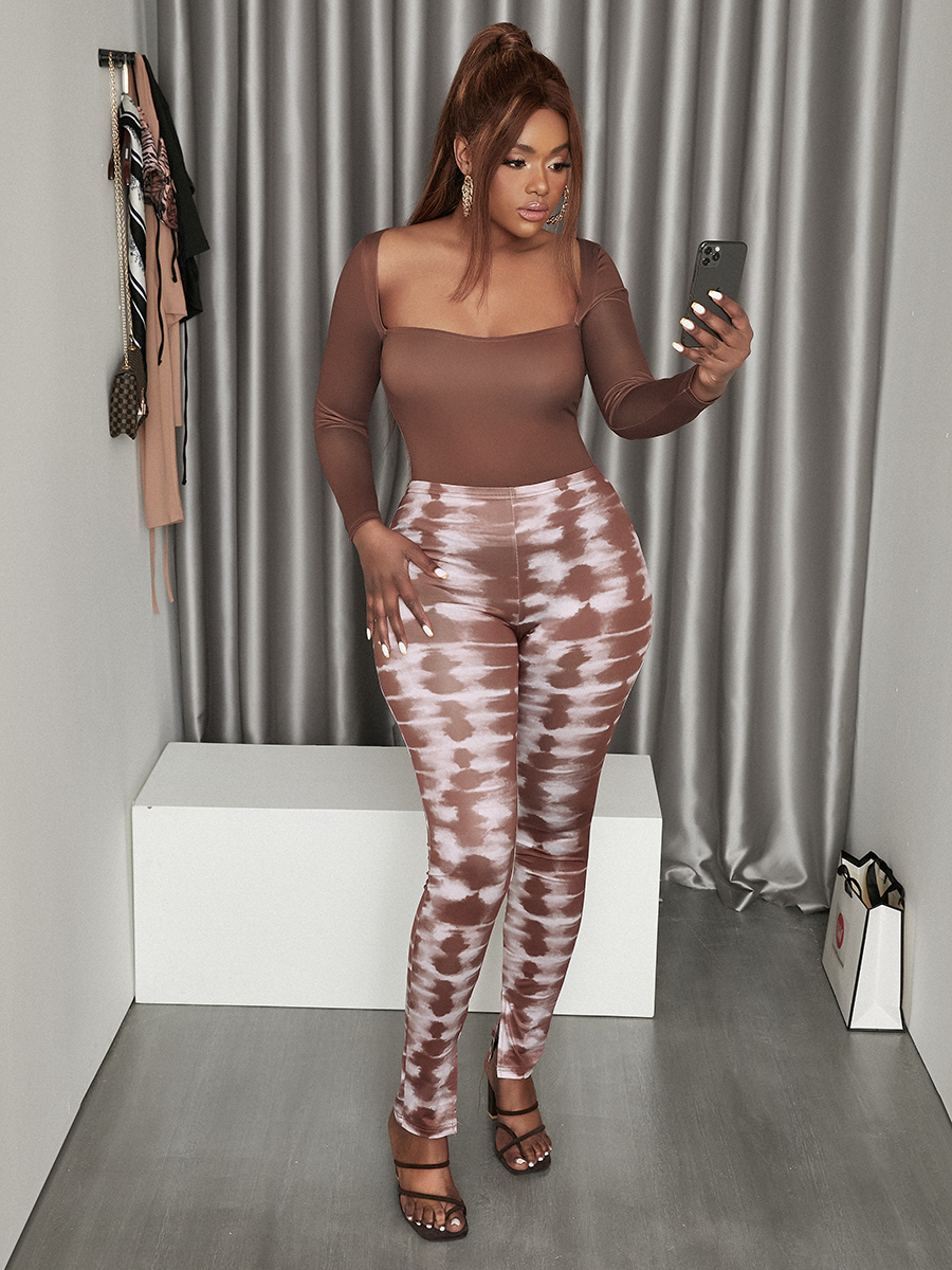 

LW Square Neck Tie-dye Pants Set, Cameo brown