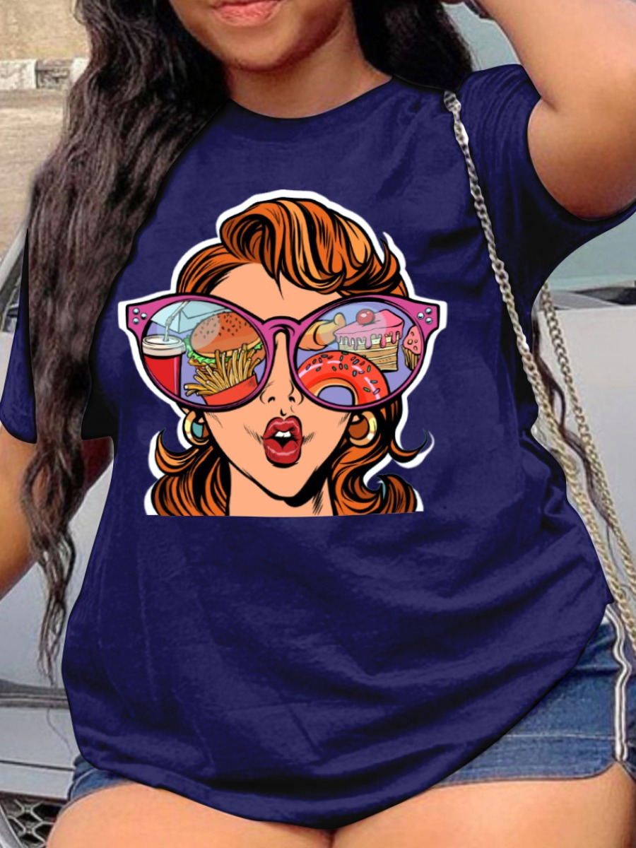 

LW Plus Size Cartoon Print Patchwork T-shirt, Navy blue