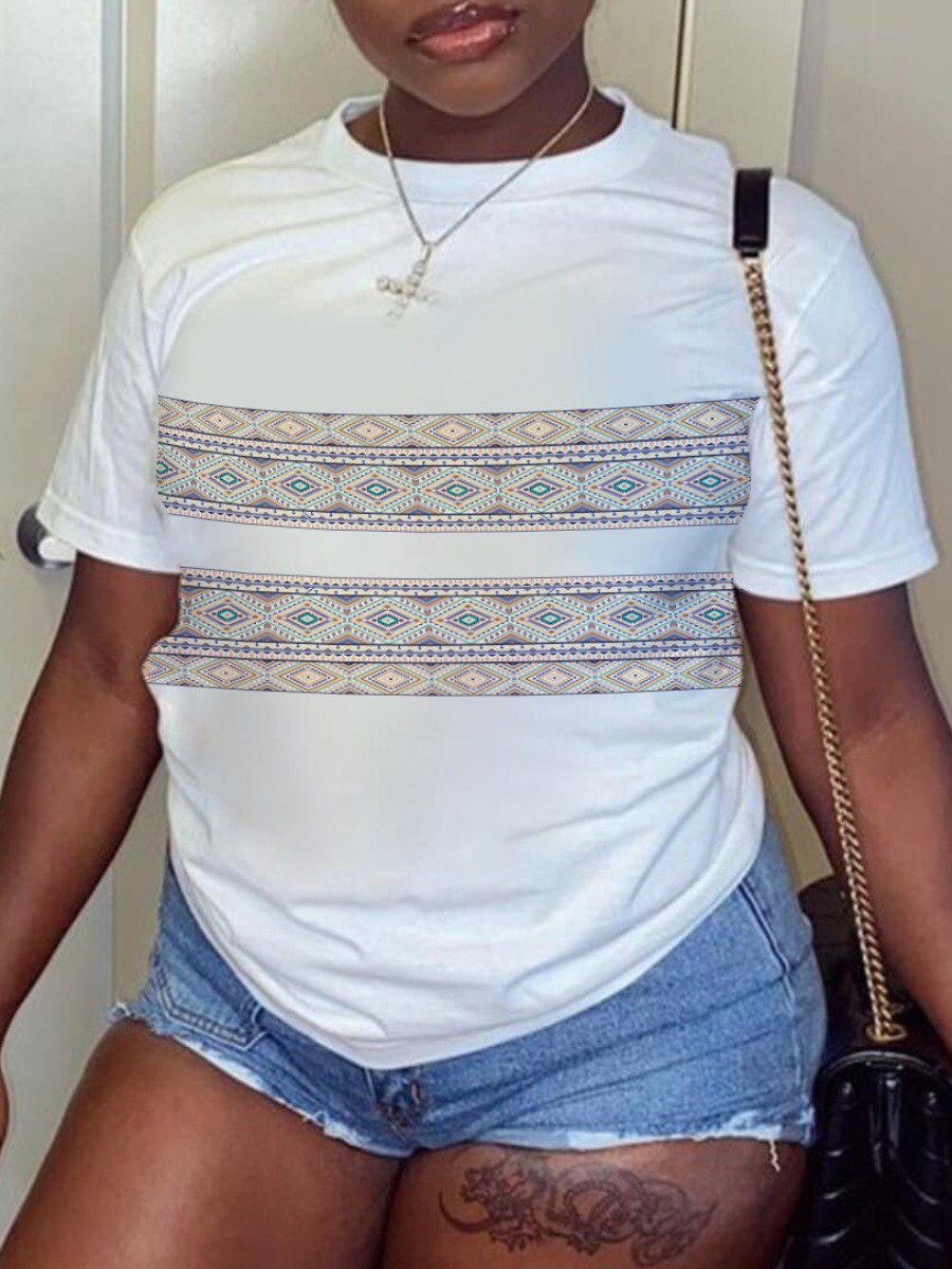 

LW Round Neck Geometric Print T-shirt, White