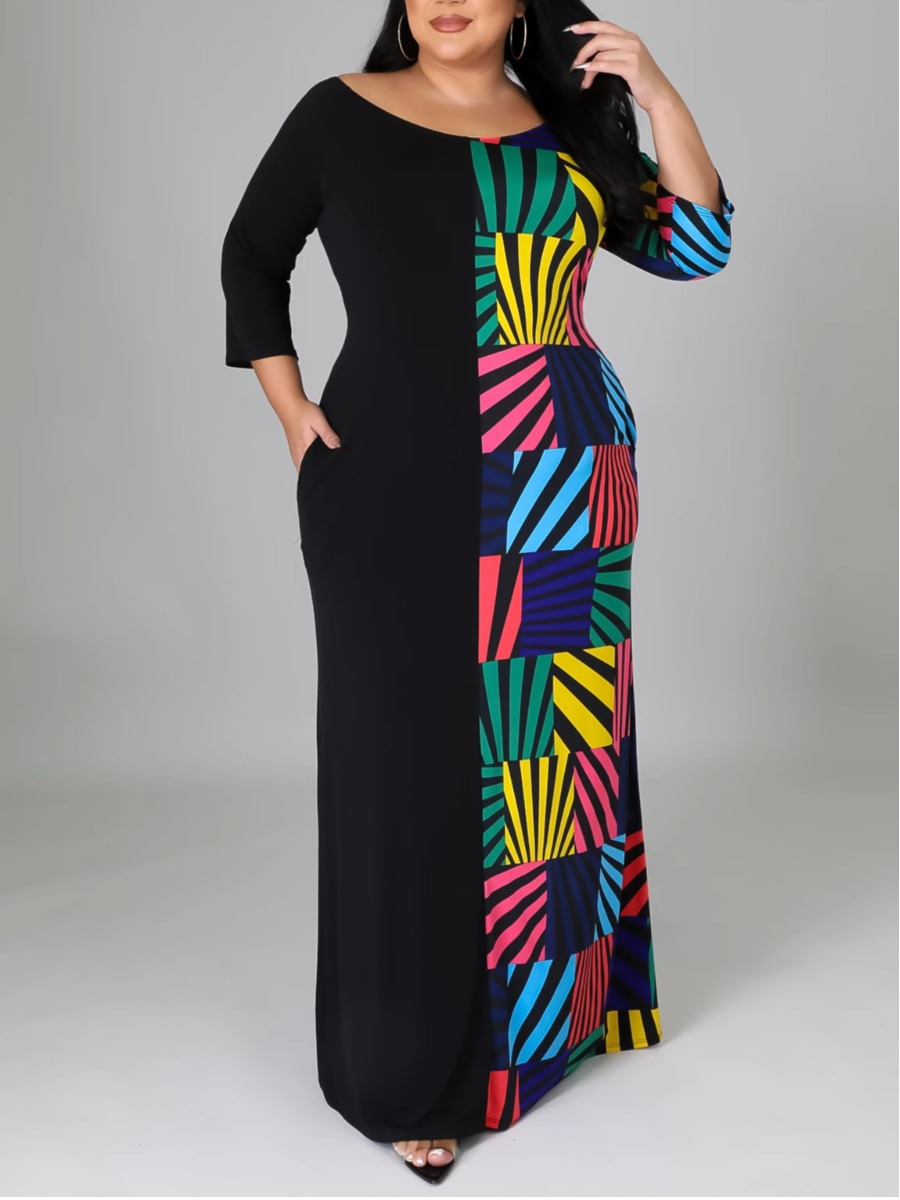 

LW Plus Size U Neck Geometric Print Patchwork Dress, Multi