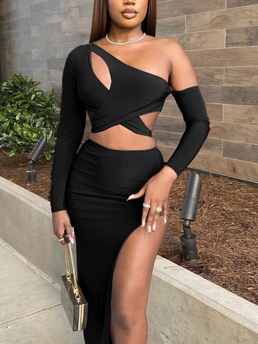 

LW One Shoulder Thigh Slit Skirt Set, Black