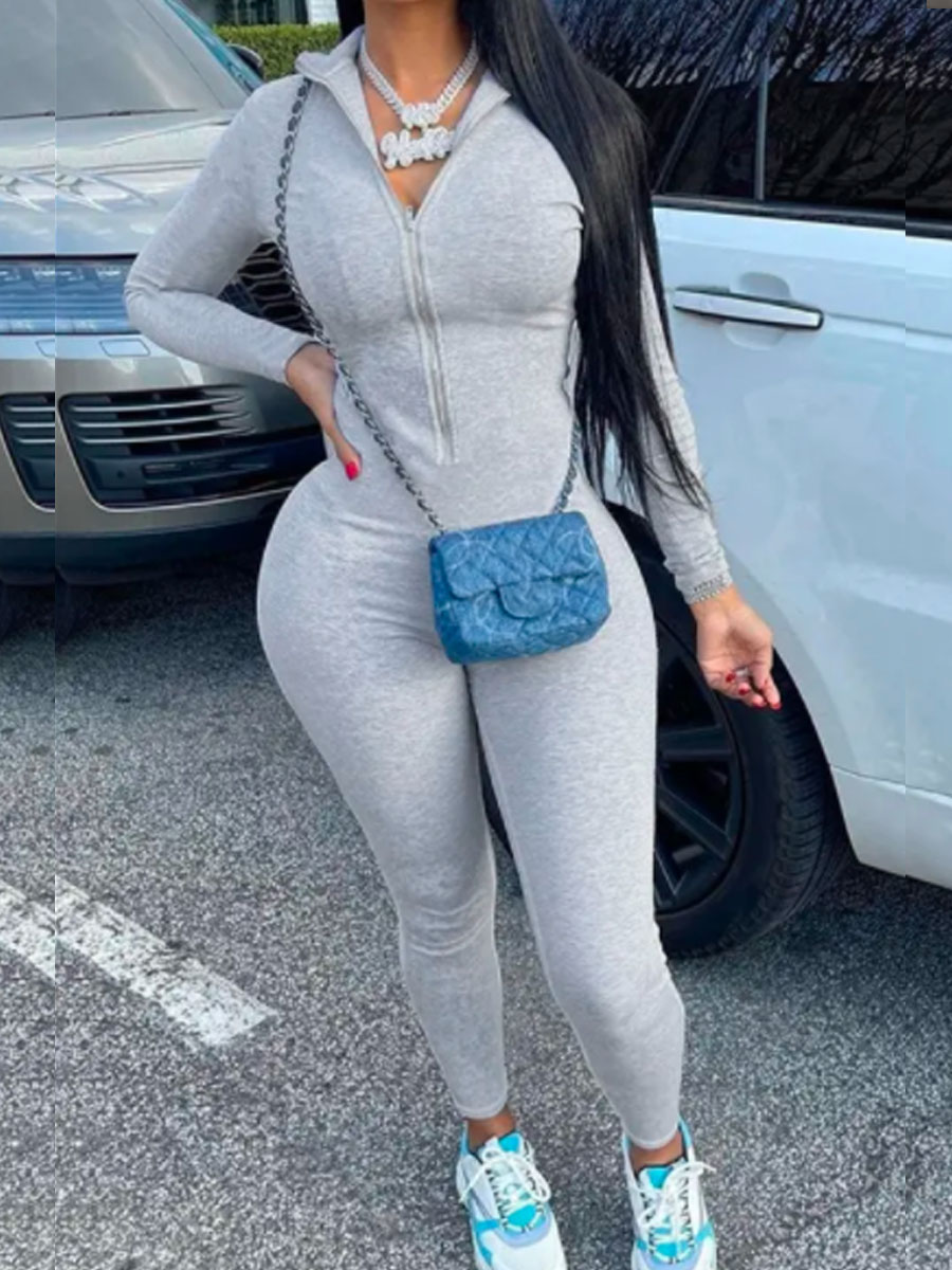 

LW Zipper Design Skinny Jumpsuit, Grey