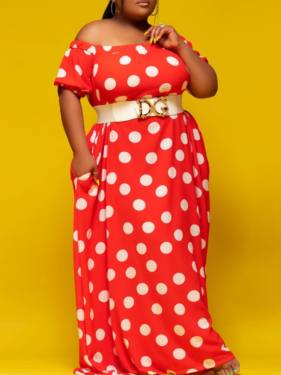 

LW Plus Size Dot Print A Line Dress (Without Belt), Red