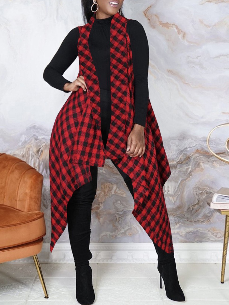 

LW Plaid Print Loose Vest, Red and black check