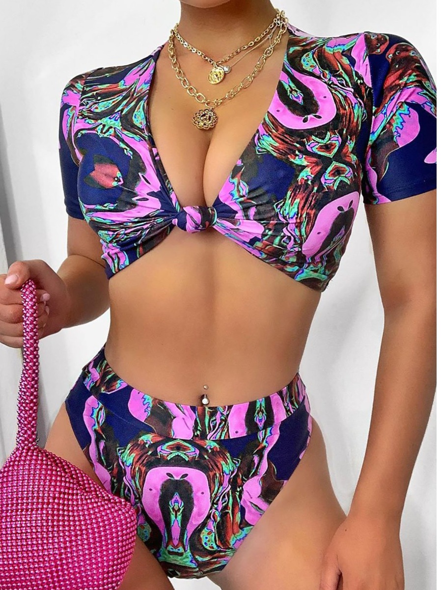 

LW Mixed Print Knot Tankini, Purple