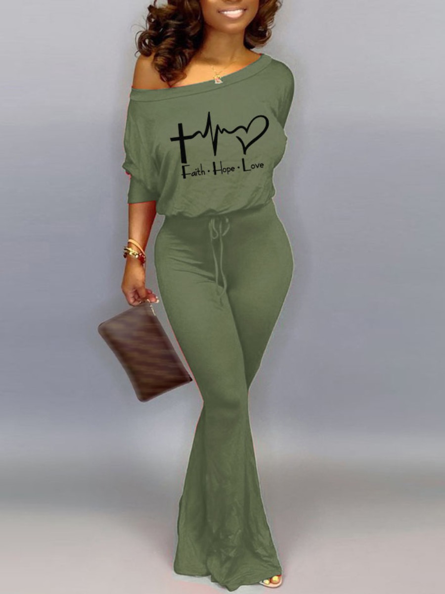 

LW BASICS Letter Print Drawstring Flared Jumpsuit, Green