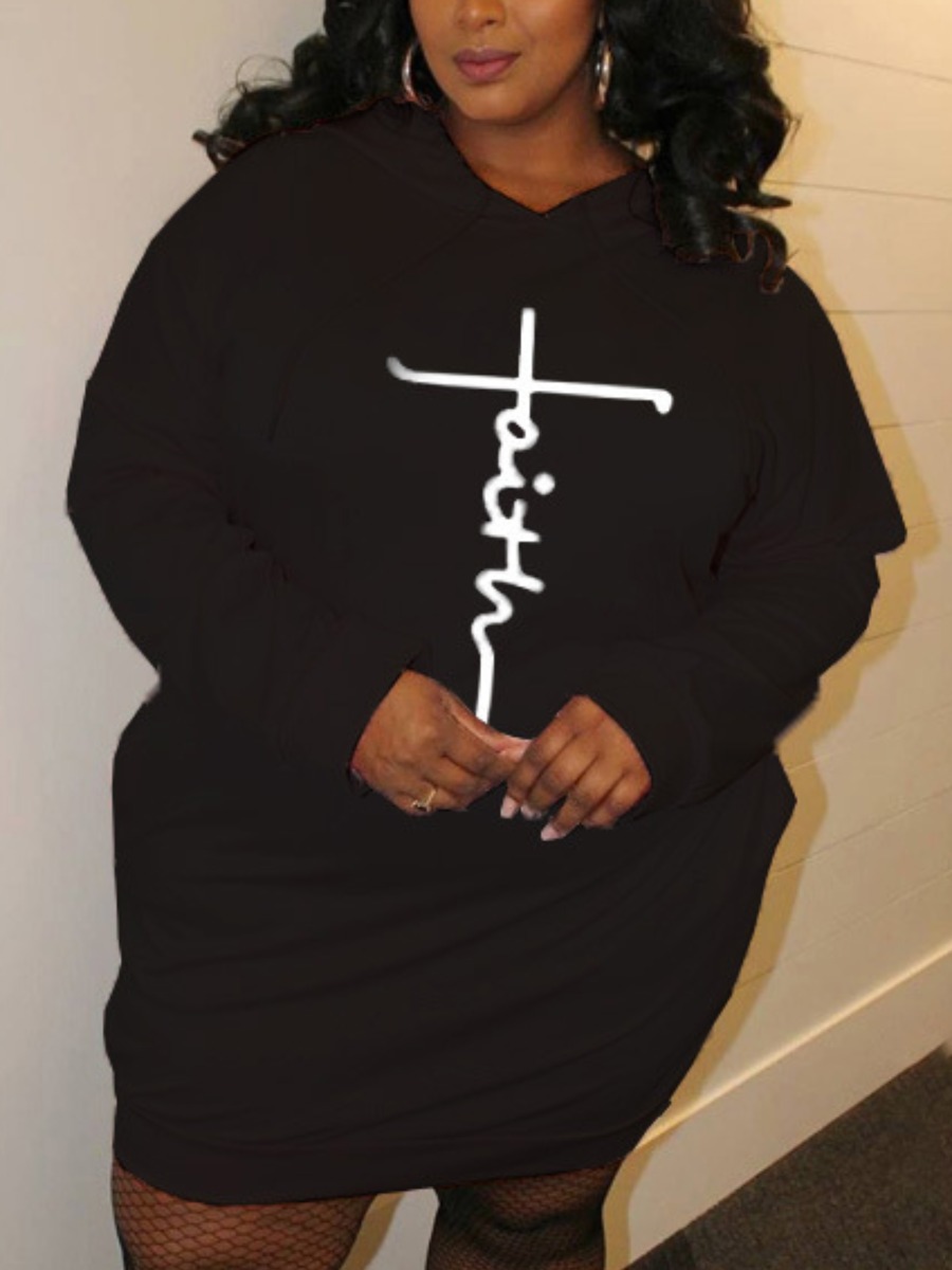 

LW Plus Size Faith Hooded Collar Letter Print Sweat Dress, Black