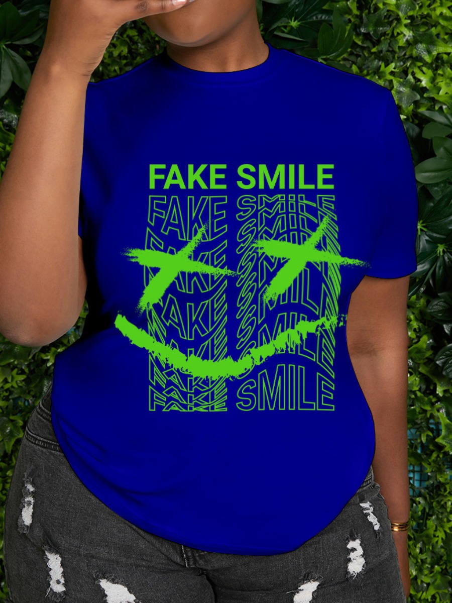 

LW Plus Size Round Neck Letter Print T-shirt, Royalblue