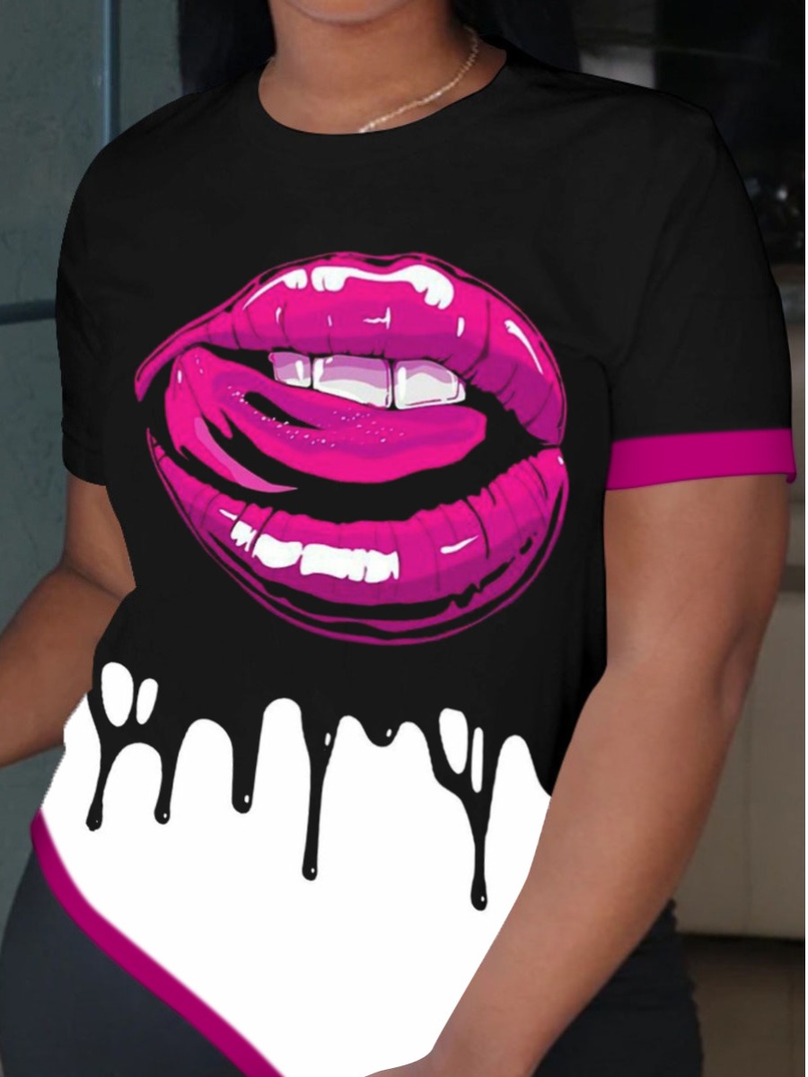 

LW Plus Size Round Neck Lip Print T-shirt, Black
