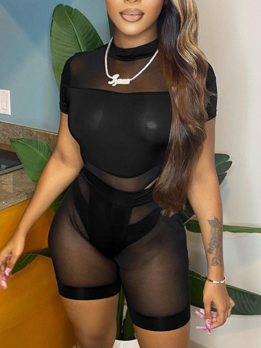 

LW SXY Round Neck See-through Shorts Set, Black