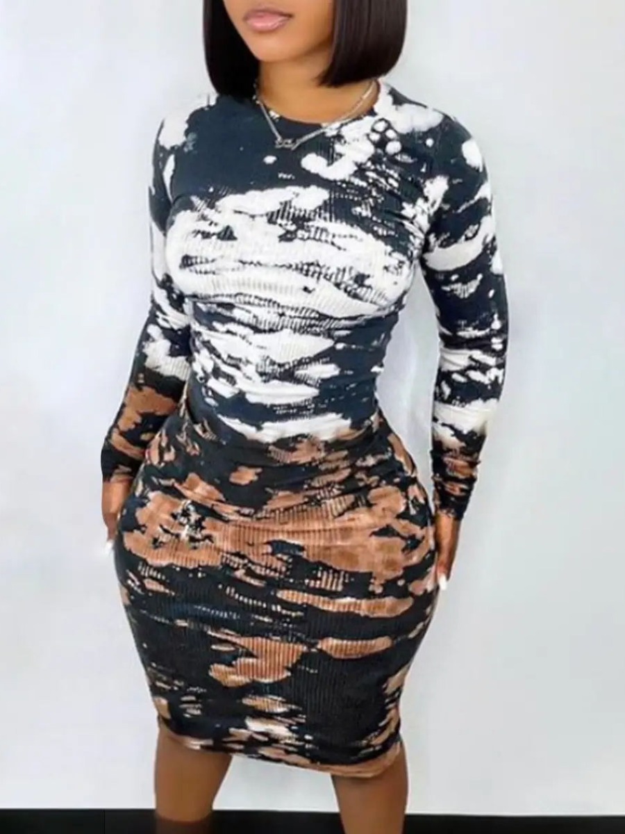 

LW Tie-dye Rib-Knit Bodycon Dress, Brown