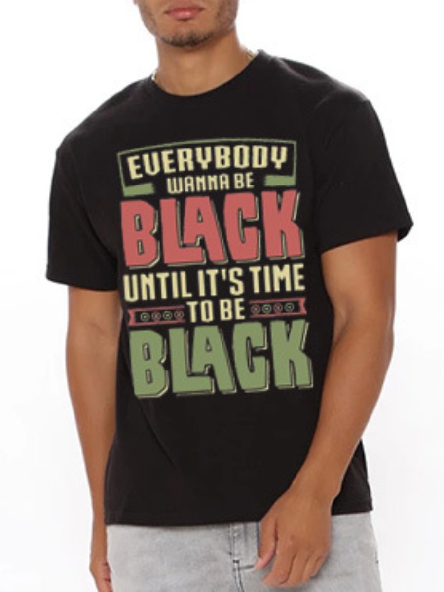 

LW COTTON Men Letter Print Patchwork T-shirt, Black