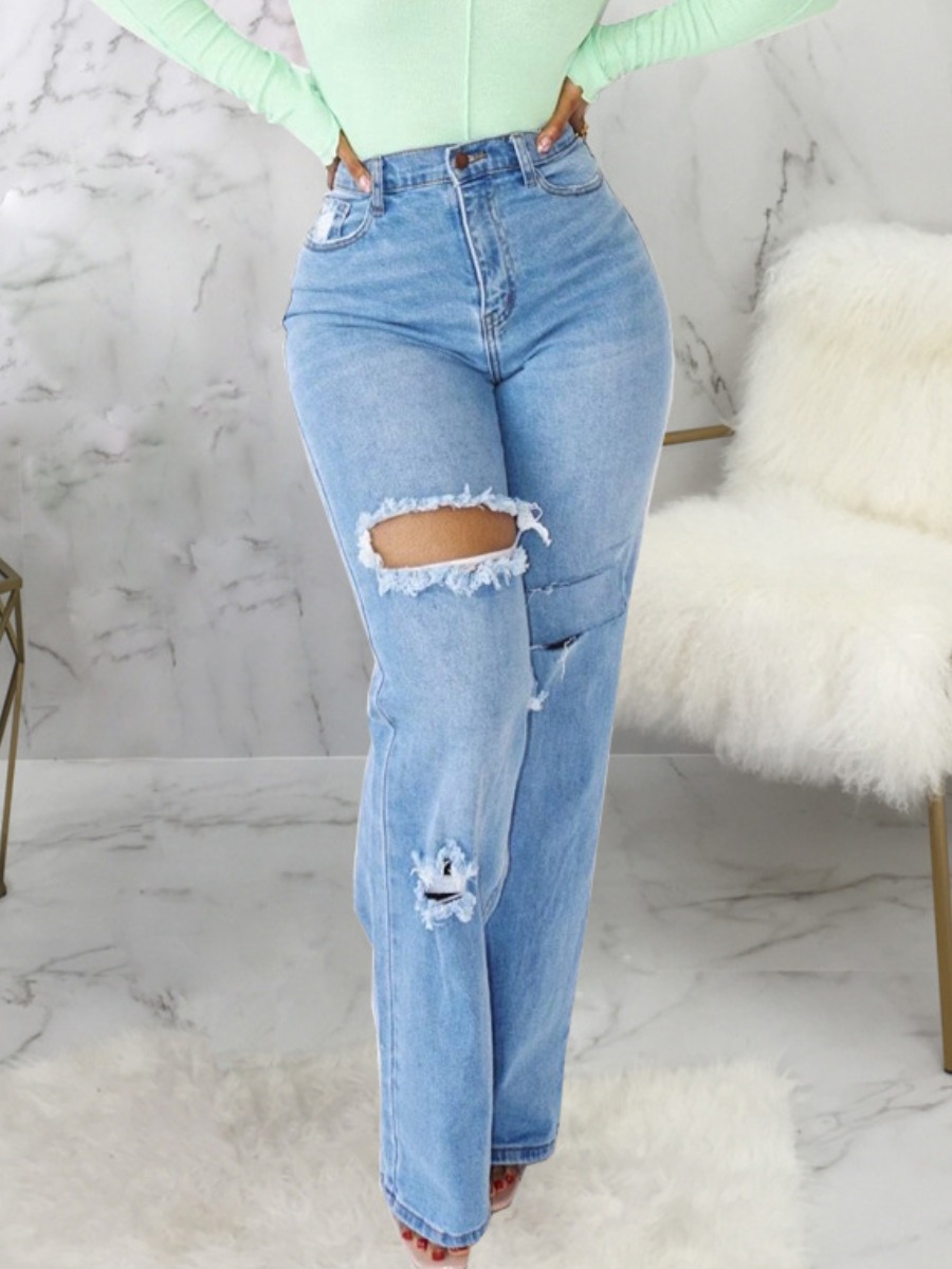 

LW Mid Waist Ripped Jeans, Baby blue