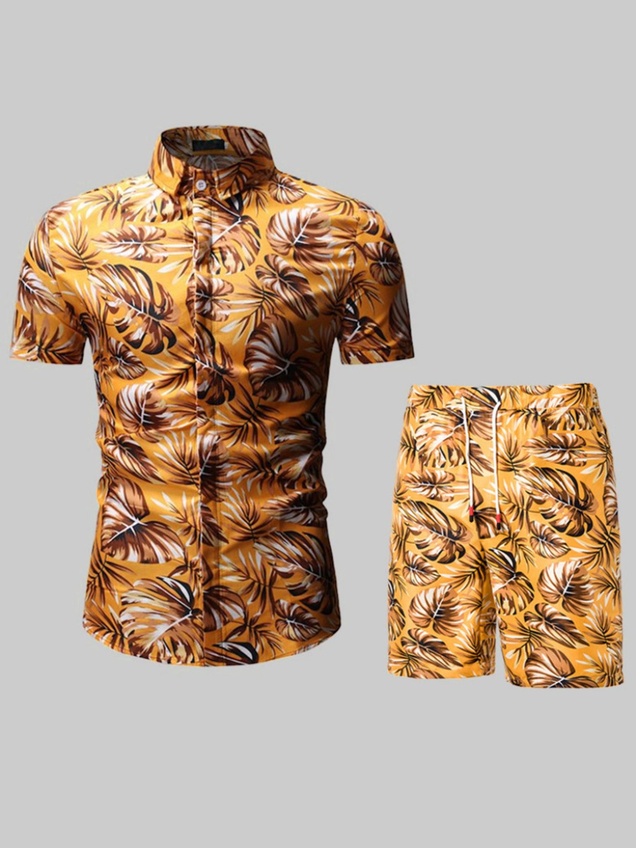

LW Men Floral Print Drawstring Shorts Set, Gold