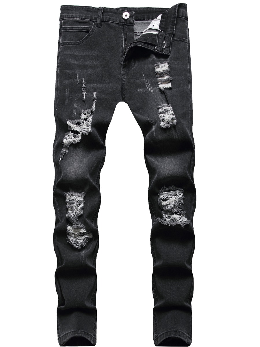 

LW Men Mid Waist High Stretchy Ripped Jeans, Black