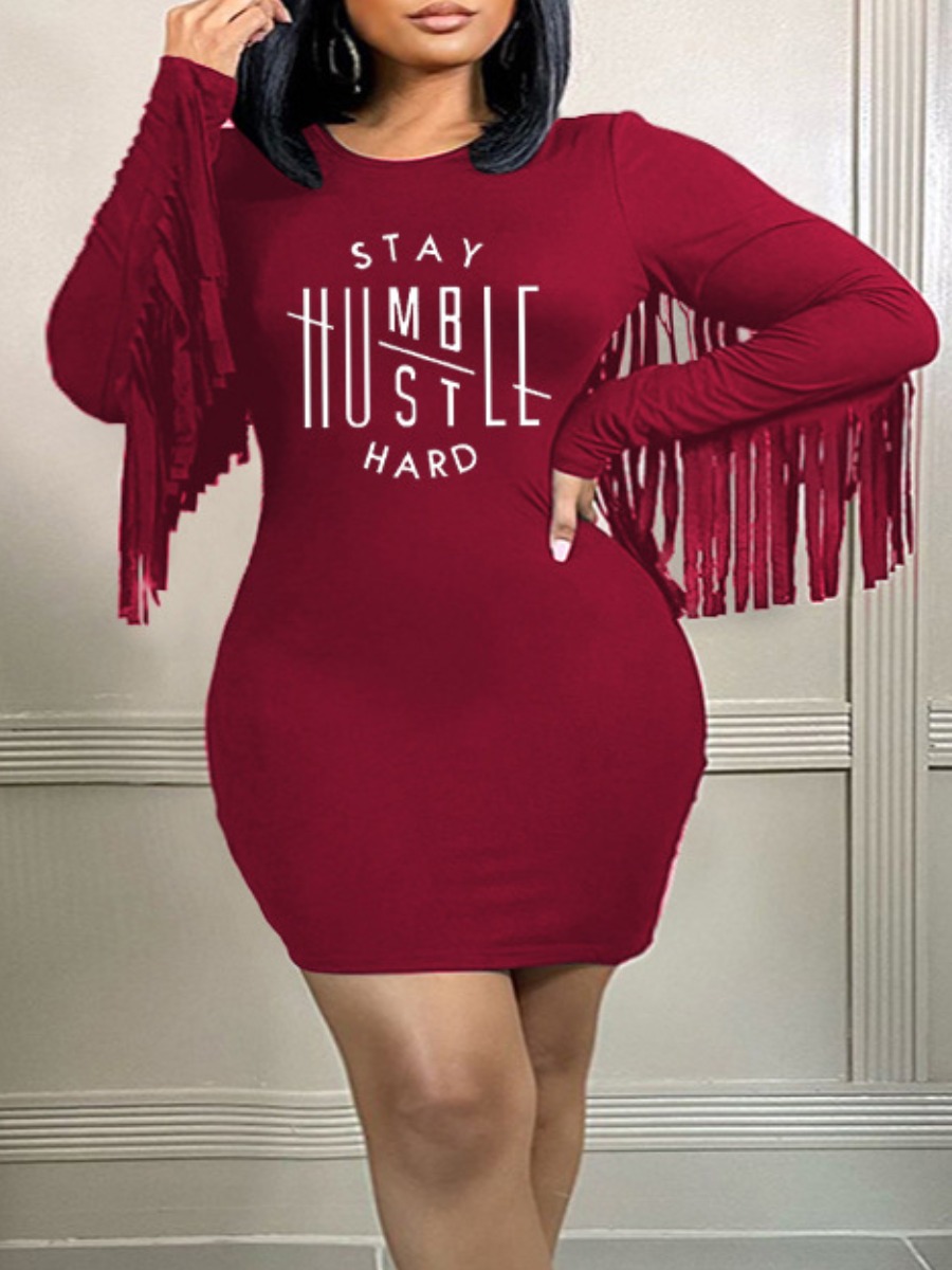 

LW Plus Size Letter Print Tassel Design Dress, Wine red