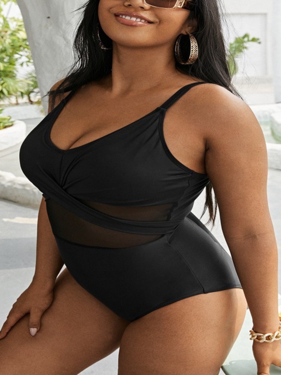 

LW Plus Size See-through Bandage Design One-piece Swimsuit, Black