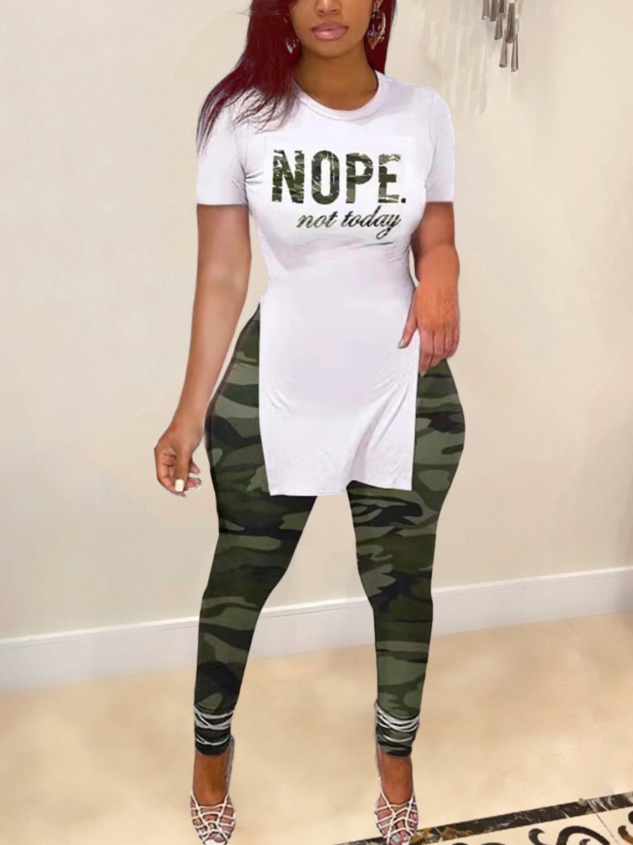 

LW Camo Letter Print Split Pants Set