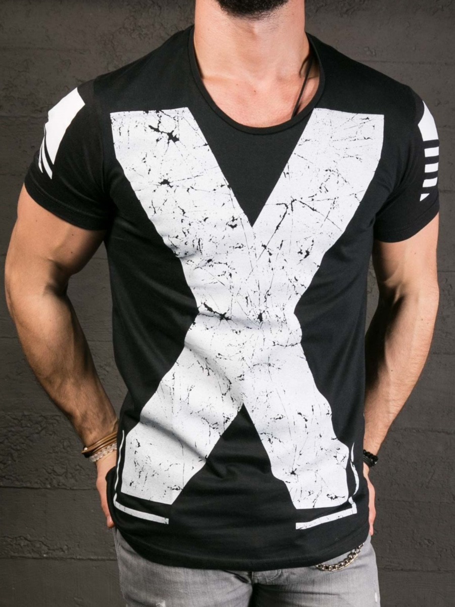 

LW Men Round Neck Letter Print T-shirt, Black