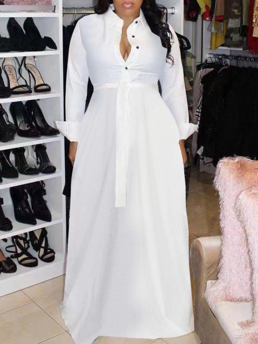 

LW Button Design A Line Shirt Dress, White