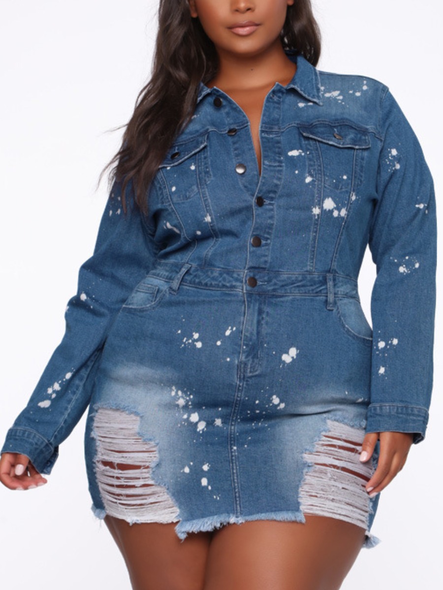 

LW Plus Size Button Design Ripped Denim Dress, Blue