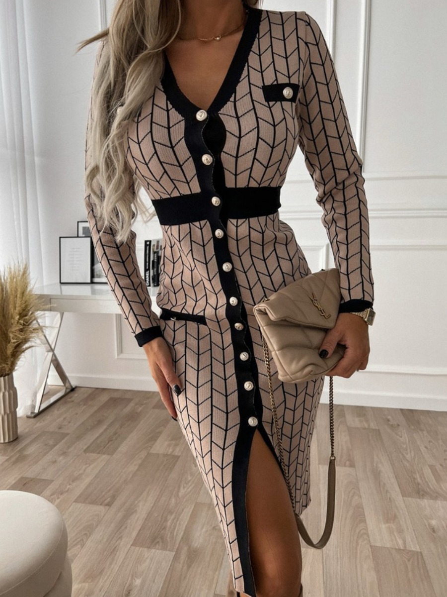 

LW Geometric Print Button Design Bodycon Dress, Khaki